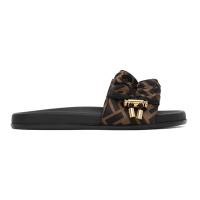 Fendi Black Brown Ff Vertigo Satin Slides In Brown Black