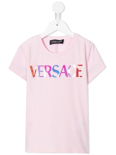 Versace Kids' Metallic Logo-print T-shirt In Pink