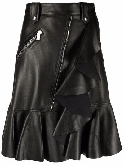 Alexander Mcqueen Womens Black Flared-trim Leather Mini Skirt 10 In Nero