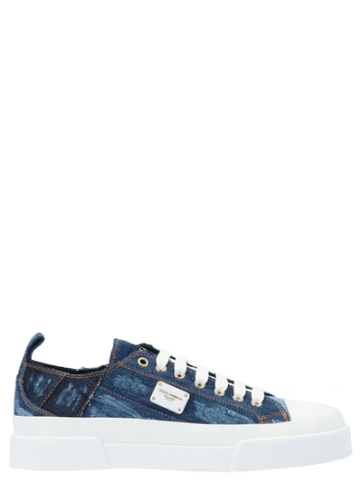 Dolce & Gabbana Portofino Light Sneakers In Patchwork Denim And Leather In Blue