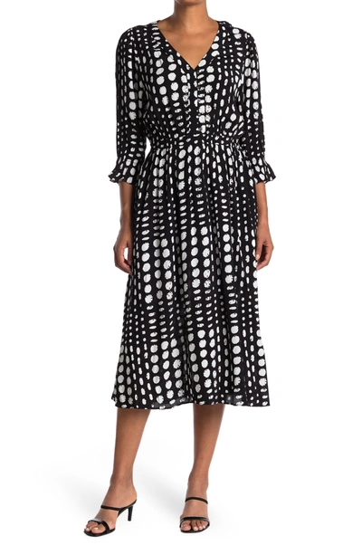 Melloday Dot Print V-neck 3/4 Sleeve Maxi Dress In Black Ivory Dot