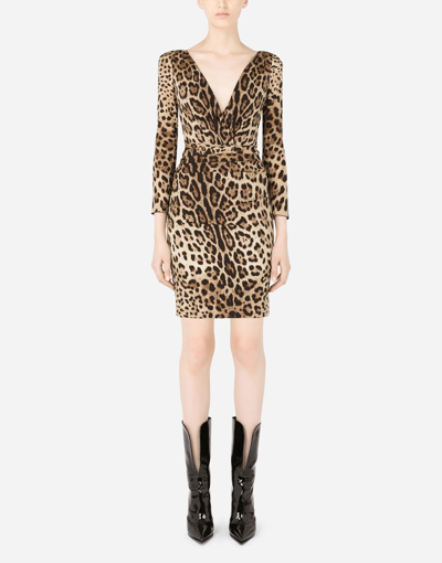 Dolce & Gabbana Short Charmeuse Dress With Leopard Print And Tie In Multicolor