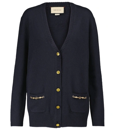 Gucci Chain-trim Button-front Knitted Cardigan In Blue