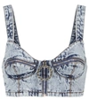Alessandra Rich Crystal-embellished Zip-pull Denim Bralette In Blue