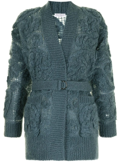 Brunello Cucinelli Embroidered Belted Cardigan In Blue