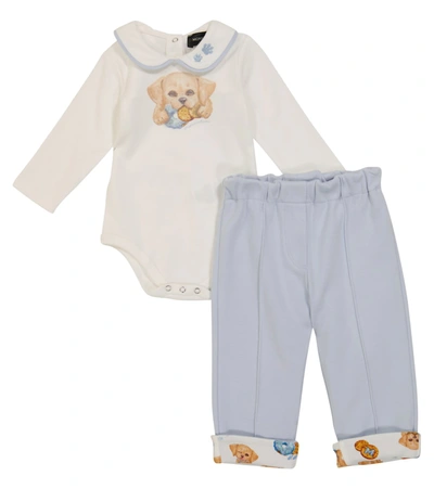 Monnalisa Baby Cotton Bodysuit And Sweatpants Set In Panna/celeste