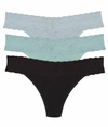 Natori Bliss Perfection Lace-trim Thong, Pack Of 3 In Silver Lining/aquamarine/black