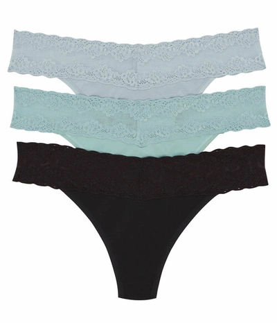 Natori Bliss Perfection Lace-trim Thong, Pack Of 3 In Silver Lining/aquamarine/black