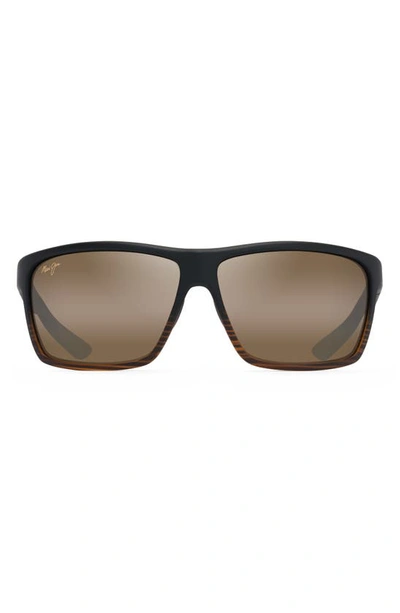 Maui Jim Alenuihaha 64mm Polarized Oversize Rectangular Sunglasses In Stripe Dark Brown/bronze