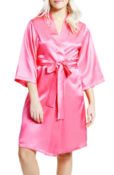 Icollection Long Sleeve Satin Robe In Fuchsia