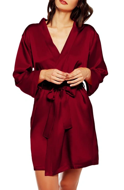 Icollection Long Sleeve Satin Robe In Burgundy