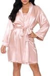 Icollection Long Sleeve Satin Robe In Rose-gold