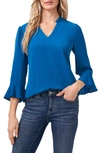 Cece Ruffle Cuff Crepe Top In Sapphire Sky