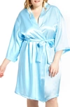 Icollection Long Sleeve Satin Robe In Light-blue