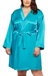 Icollection Long Sleeve Satin Robe In Aqua