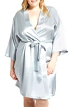 Icollection Long Sleeve Satin Robe In Grey