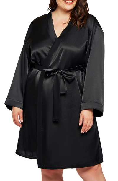 Icollection Plus Size Marina Lux Satin Robe Lingerie In Black