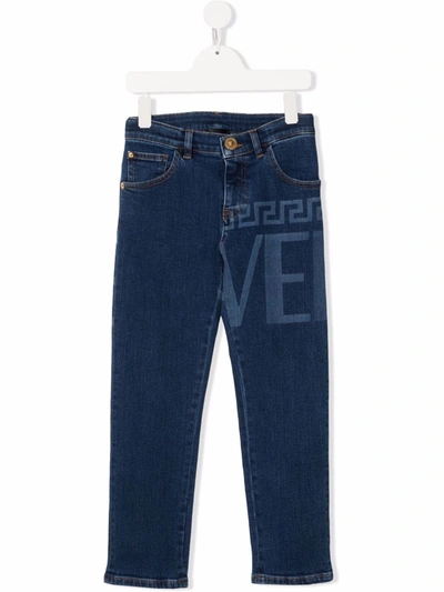 Versace Teen Logo-print Skinny Jeans In Blue