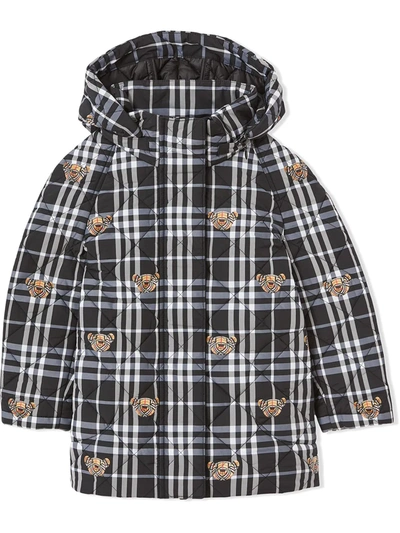 Burberry Kids Quilted Thomas Bear Check Coat In Black