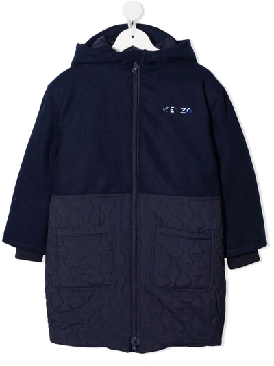 Kenzo Kids' Embroidered Logo Panelled Coat In Blue