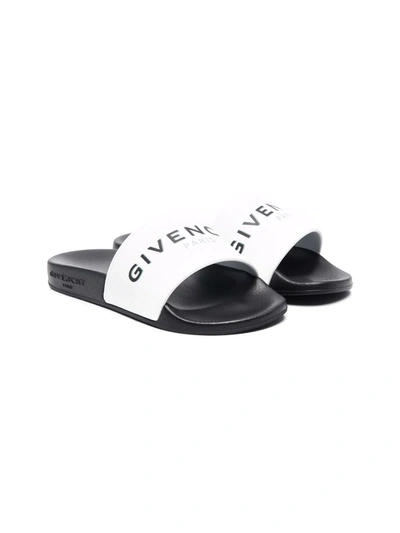 Givenchy Kids' White And Black Slippers With Logo In Bianco