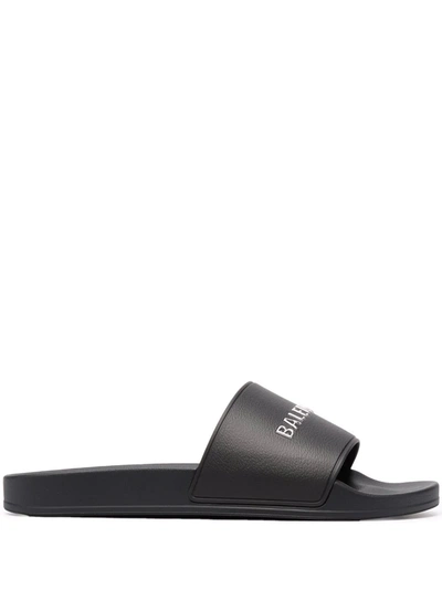 Balenciaga Chrom Logo Pool Slide Sandal Black And Silver