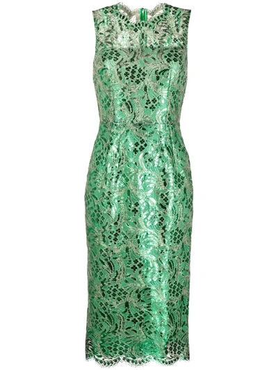 Dolce & Gabbana Metallic Coated Cotton-blend Corded Lace Midi Dress In Green