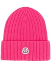 Moncler Pink Wool Hat With Logo Patch In Rosa