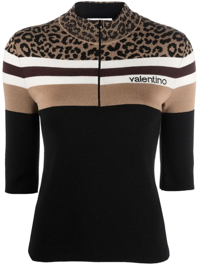 Valentino Leopard Print Panel Half-zip Jumper In Black