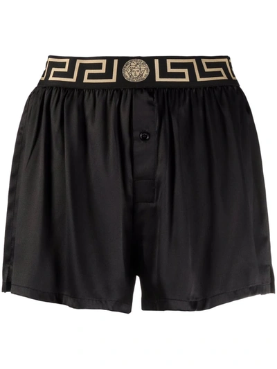 Versace Jacquard-trimmed Stretch Silk-satin Shorts In Black