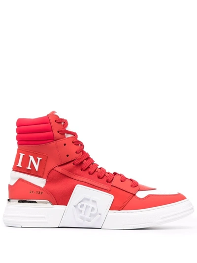 Philipp Plein Colour-block High-top Leather Trainers In Red