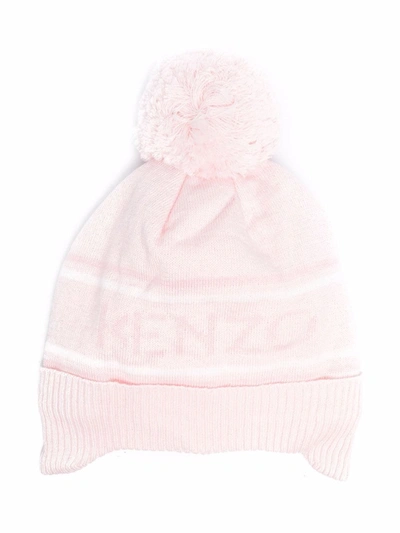 Kenzo Kids' Logo Cotton Blend Knit Hat W/ Pompom In Pink