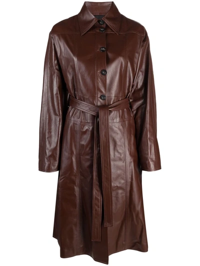 Ambush Belted Leather Trench Coat In Brown