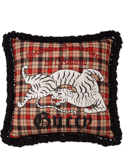 Gucci Tiger-embroidered Wool-blend Tartan Cushion In Brown