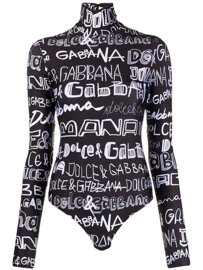 Dolce & Gabbana Spandex Jersey Bodysuit With Dg Graffiti Print In Multicolor