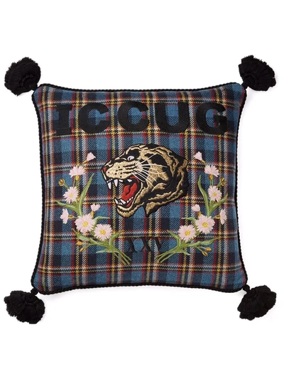 Gucci Tiger-embroidered Wool-blend Tartan Cushion In Sea,par,alluviu