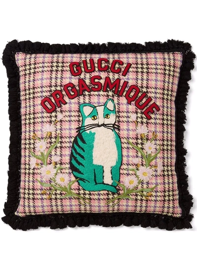 Gucci Cat-embroidered Wool-blend Tartan Cushion In Violet,ivory