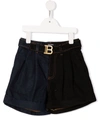 Balmain Kids Shorts In Blue And Black Denim With Monogram Buckle In Blue