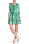 Nina Leonard Geometric Print Sweater Dress In Green/whie