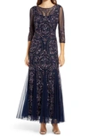 Pisarro Nights Sequin Beaded Illusion Gown In Navy