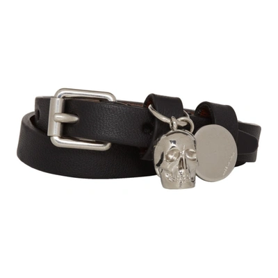 Alexander Mcqueen Skull Charm Leather Wrap Bracelet In Black