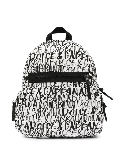 Dolce & Gabbana Kids' All Over Logo Print Nylon Backpack In White,black