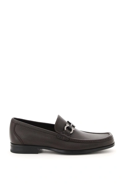 Ferragamo Almond Toe Leather Loafers With Metal Hardware In Hickory