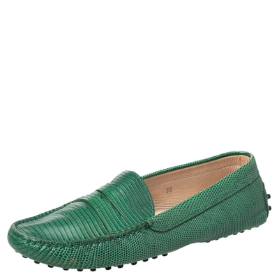 Pre-owned Tod's Green Lizard Embossed Leather Penny Slip On Loafers Size 39