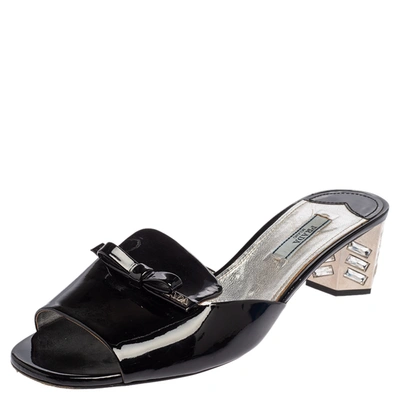 Pre-owned Prada Black Patent Leather Bow Slide Sandals Size 39.5