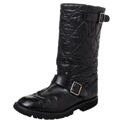 Pre-owned Chanel Black Quilted Coated Fabric And Leather Mid Calf Boots Size 38