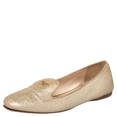 Pre-owned Prada Gold Glitter Smoking Slippers Size 37