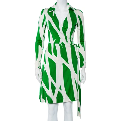 Pre-owned Diane Von Furstenberg Beige & Green Printed Silk Knit Collared Mini Wrap Dress L