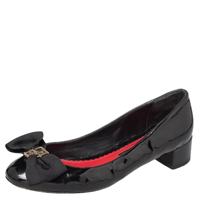 Pre-owned Ch Carolina Herrera Black Patent Leather Bow Block Heel Pumps Size 39