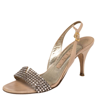 Pre-owned Gina Beige Leather Crystal Embellished Slingback Sandals Size 37.5